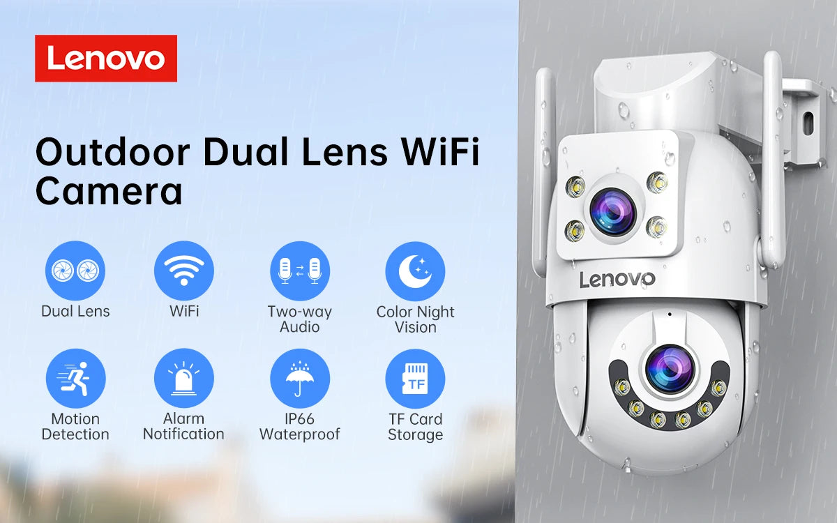 Lenovo 4MP HD Wifi PTZ Camera Outdoor Dual Lens Dual Screen Auto