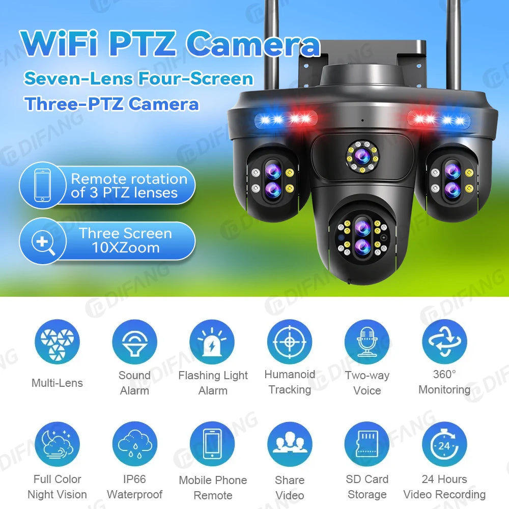 DIFANG 35MP WiFi IP Camera 4 Screens 7 Lens 10X Zoom Outdoor Wireless