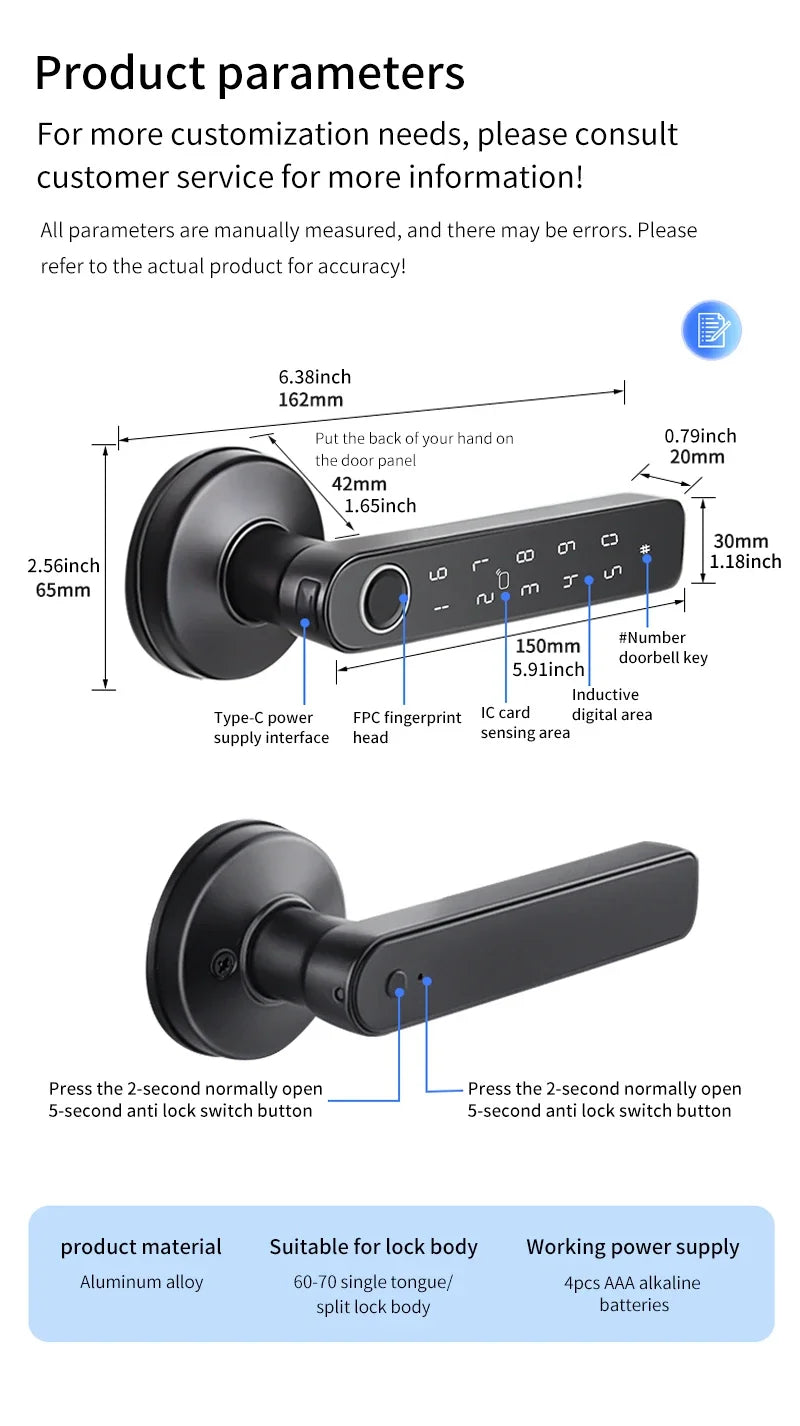 Tuya App Bluetooth Smart Fingerprint Door Lock Password Mechanical
