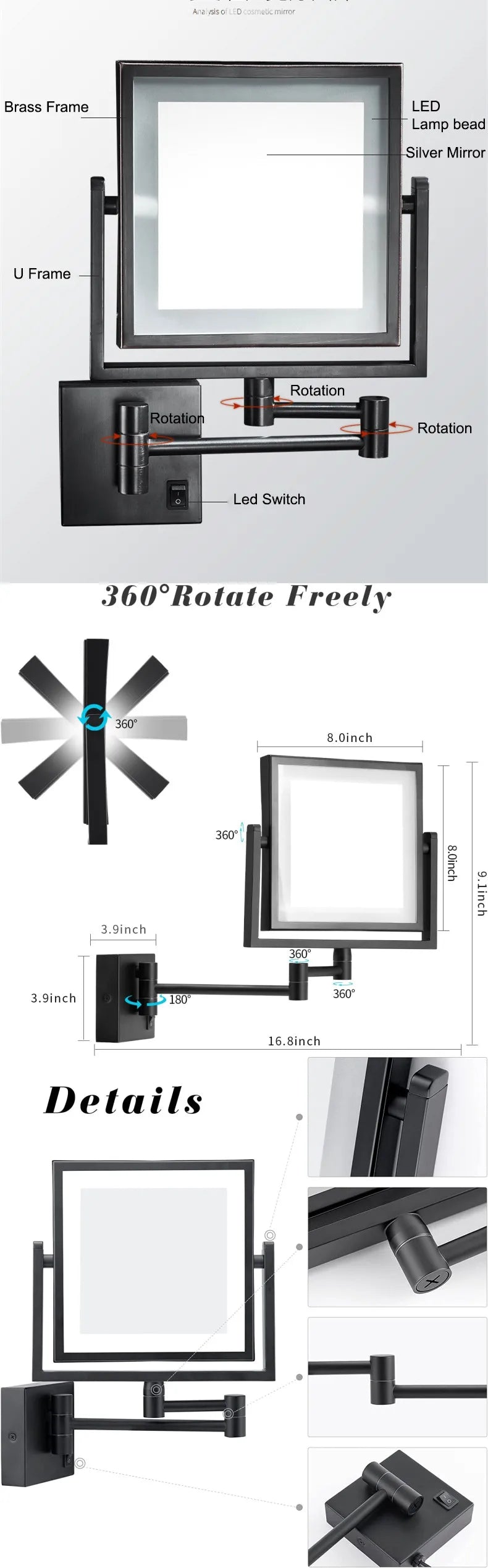 Rose Gold Square Led Bathroom Mirror Wall Mounted Lighted Bathroom