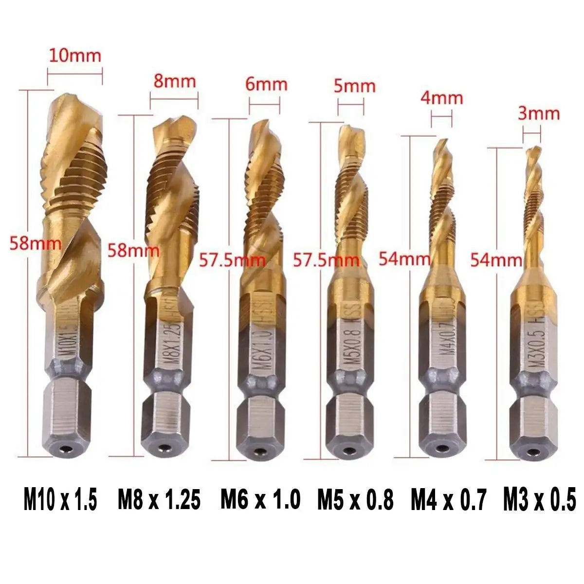 Hex Shank Titanium Plated HSS Screw Thread Metric Tap Drill Bits