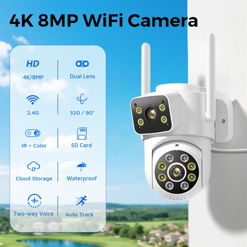 8MP 4K Outdoors Wifi Camera Dual Lens Security PTZ IP Camera 5X