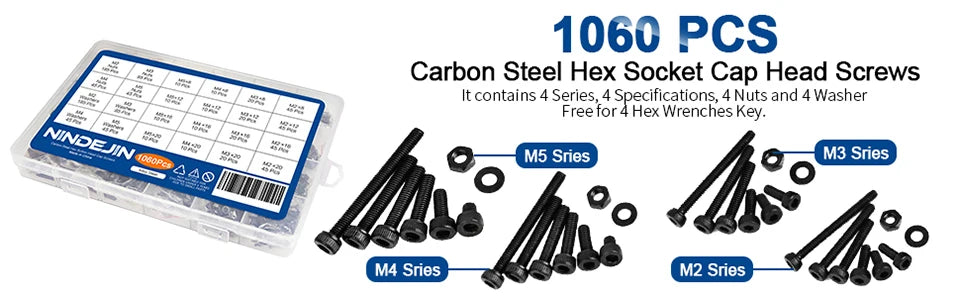 1060pcs M2 M3 M4 M5 Hex Socket Screw Set Carbon Steel Flat Round Cap