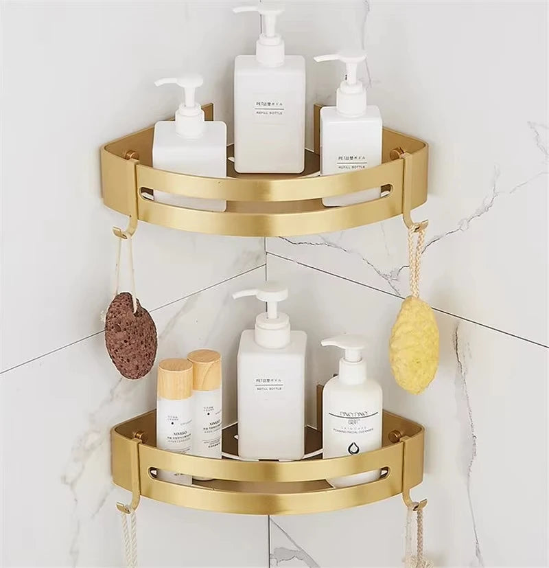 Corner Shelf Wall Mounted Bathroom Shelf Brushed Gold Aluminum Bath