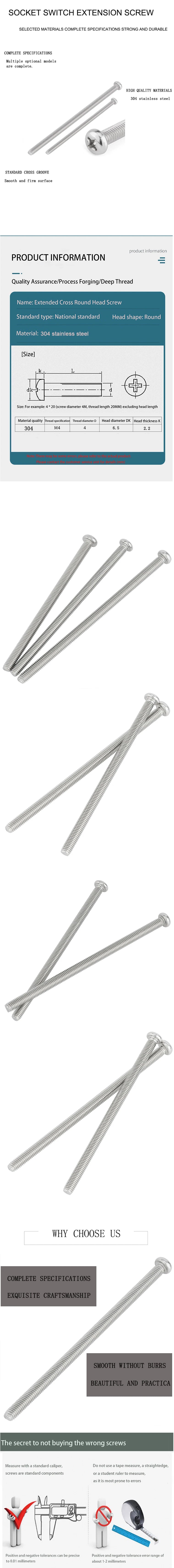 M4 Extended Screw Stainless Steel Round Head Extra Long Switch Box