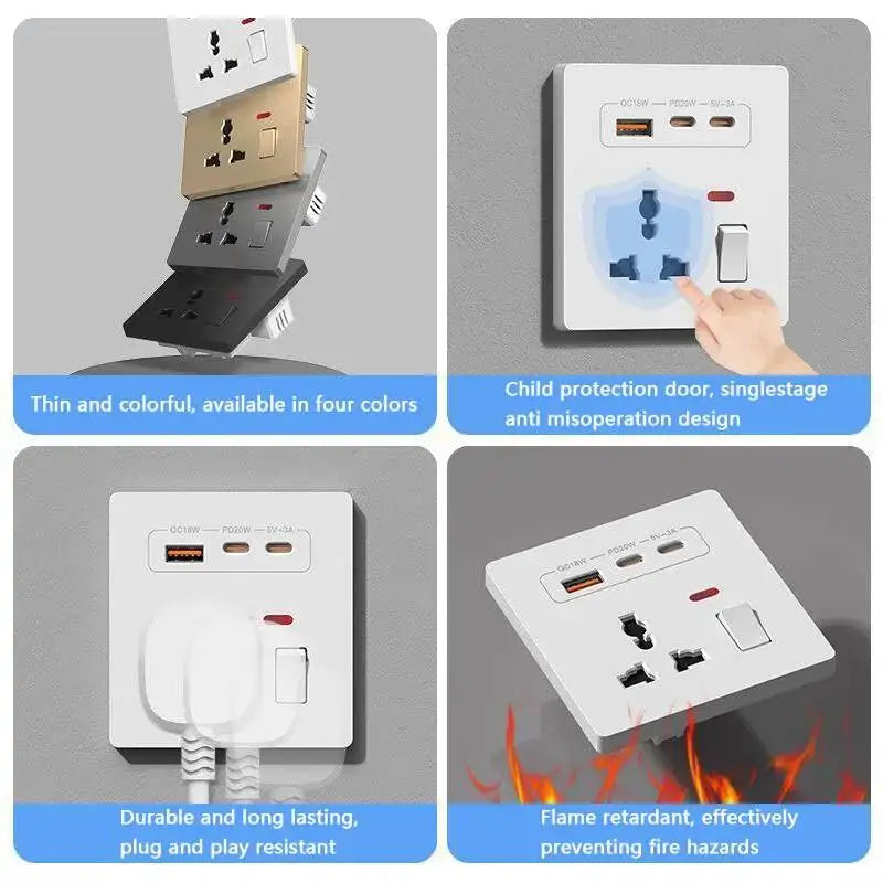 20W Fast Charging Universal Wall Socket With USB And Dual Typec