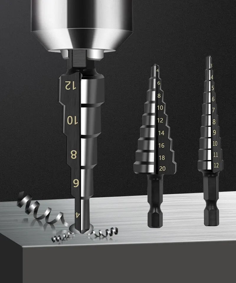 3Pcs HSS Straight Groove Step Drill Bit 3-12mm 4-12mm 4-20mm Nitride