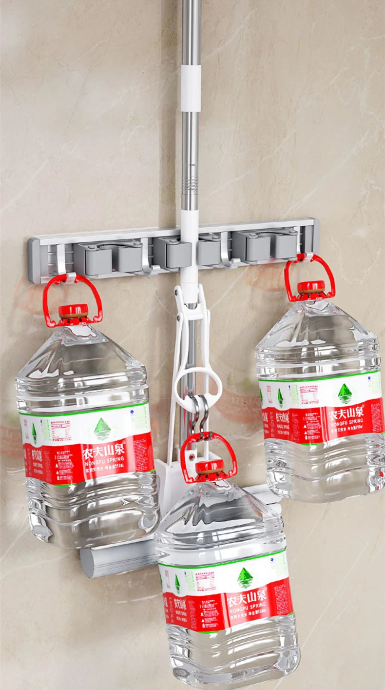 Wall Mounted Mop And Broom Organizer Rack with 5 Hooks Strong Mop