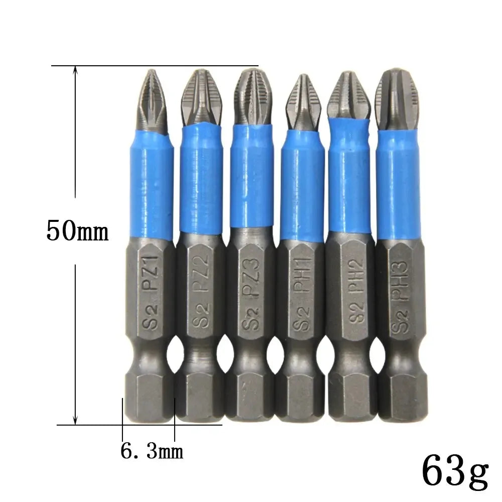 12/6PCS 50mm Screwdriver Bits Anti-slip Magnetic Drill Bits 1/4Inch