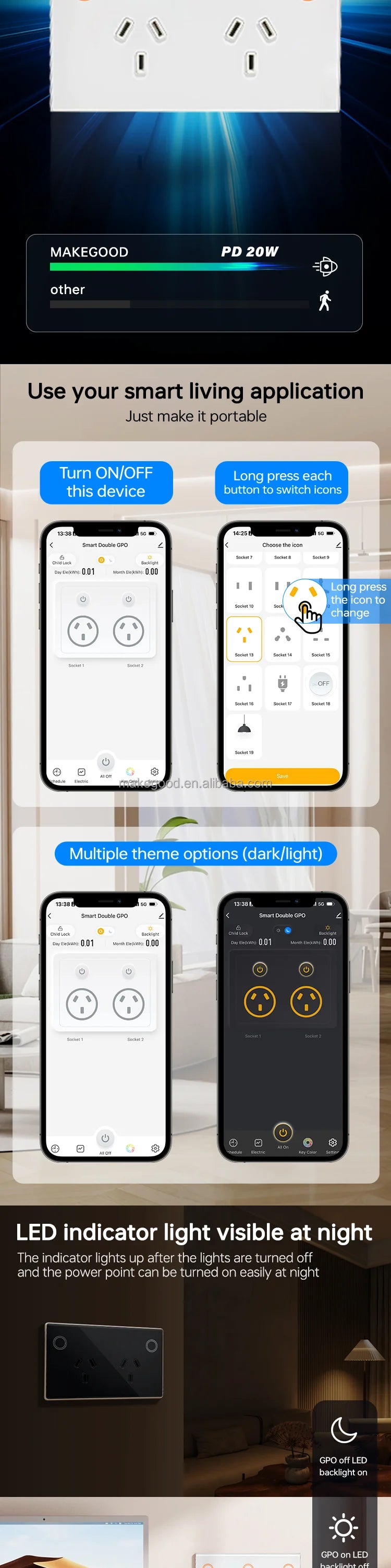 WIFI MakeGood AU Standard Wifi 2.4G 2400W Tempered Glass Panel Tuya