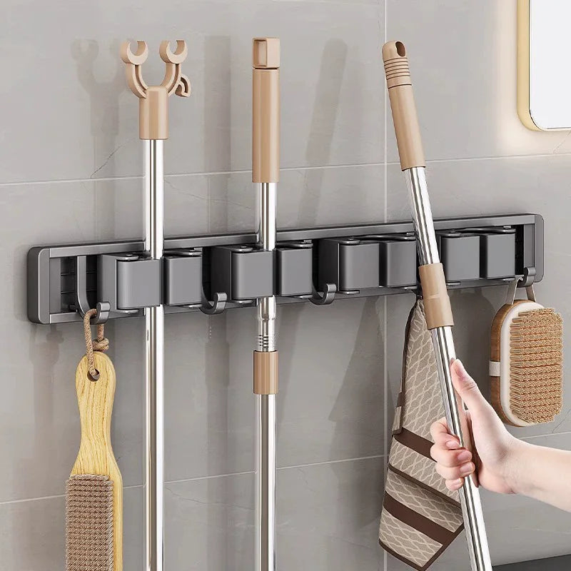 Wall Mounted Mop And Broom Organizer Rack with 5 Hooks Strong Mop