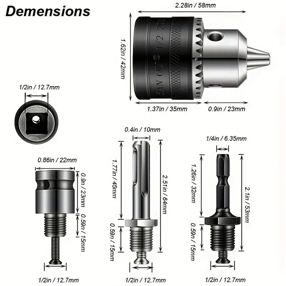 1.5-13mm Drill Chuck,1/2-20UNF Mount Impact Driver Bits Chuck