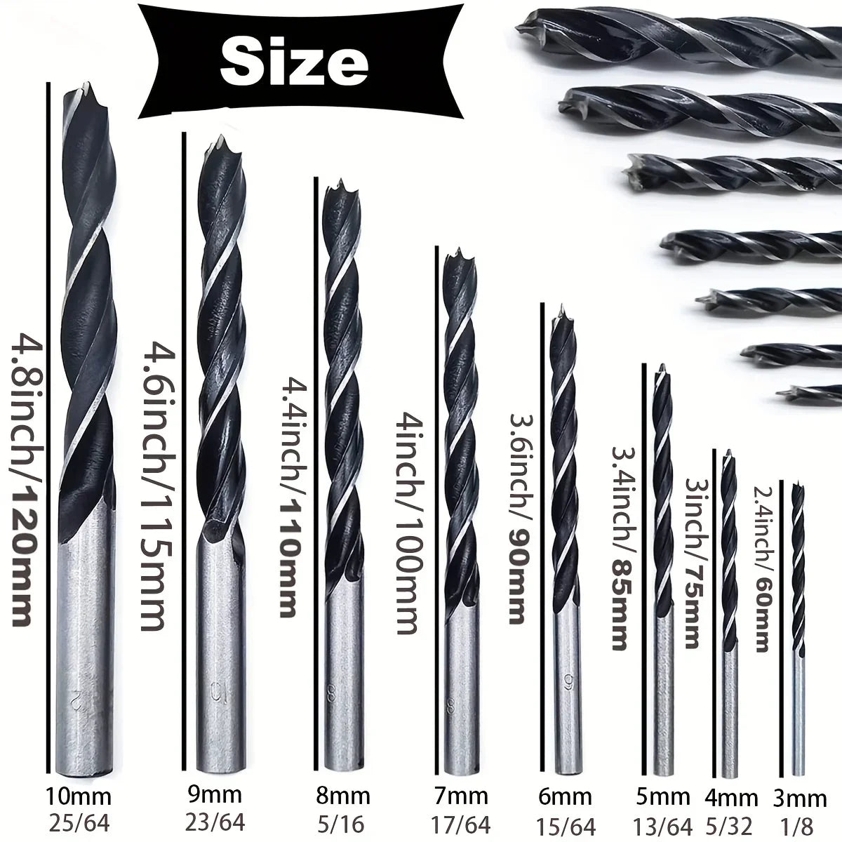 Wood Drill Bits - 8 Pcs 3mm - 10mm Spur Point Spiral Twist Wood