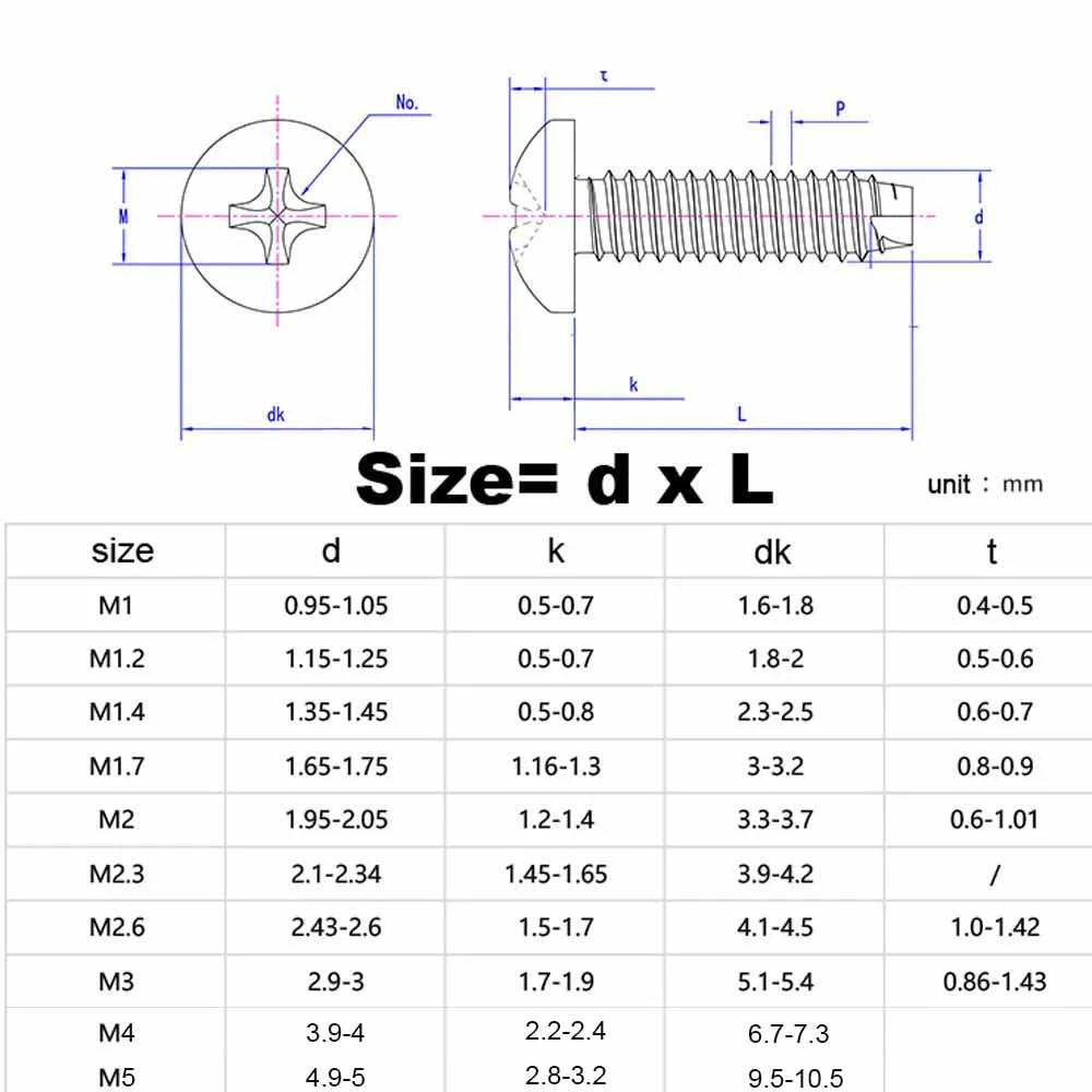 10/50Pcs M1 M1.2 M1.4 M1.7 M2 M2.3 M2.6 M3 M4 M5 Black 304 Stainless