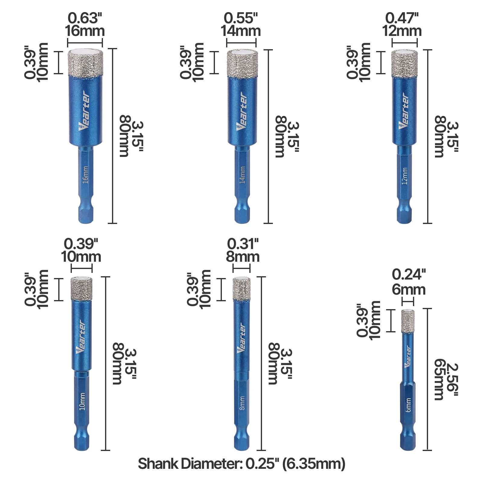 Vearter 6-16mm Diamond Dry Drilling Core Bit Hex Shank Brazed Drill