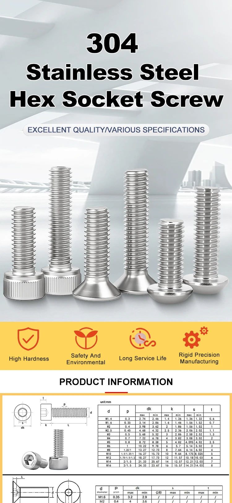 304 Stainless Steel Hex Socket Screw Thread Metal Machine Bolts M3 M4