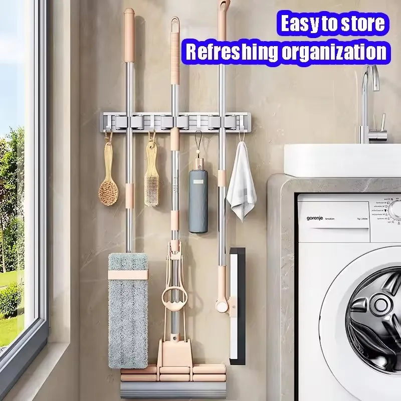 Wall Mounted Mop And Broom Organizer Rack with 5 Hooks Strong Mop