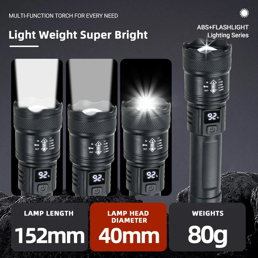 High Strong Power Led Flashlights 2000LM Tactical Torch with Display