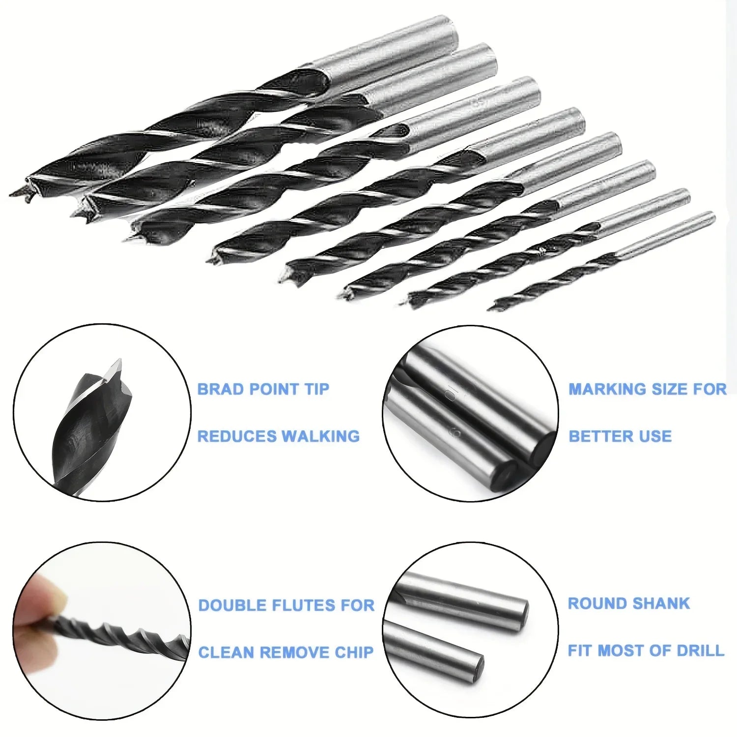Wood Drill Bits - 8 Pcs 3mm - 10mm Spur Point Spiral Twist Wood