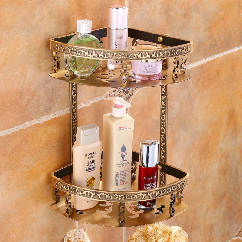 Antique Brass Aluminum Foldable Corner Rack Shelves Toilet Storage