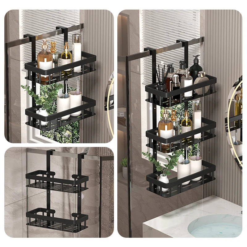 Bathroom wall mounted three-layer storage rack, door mounted rack