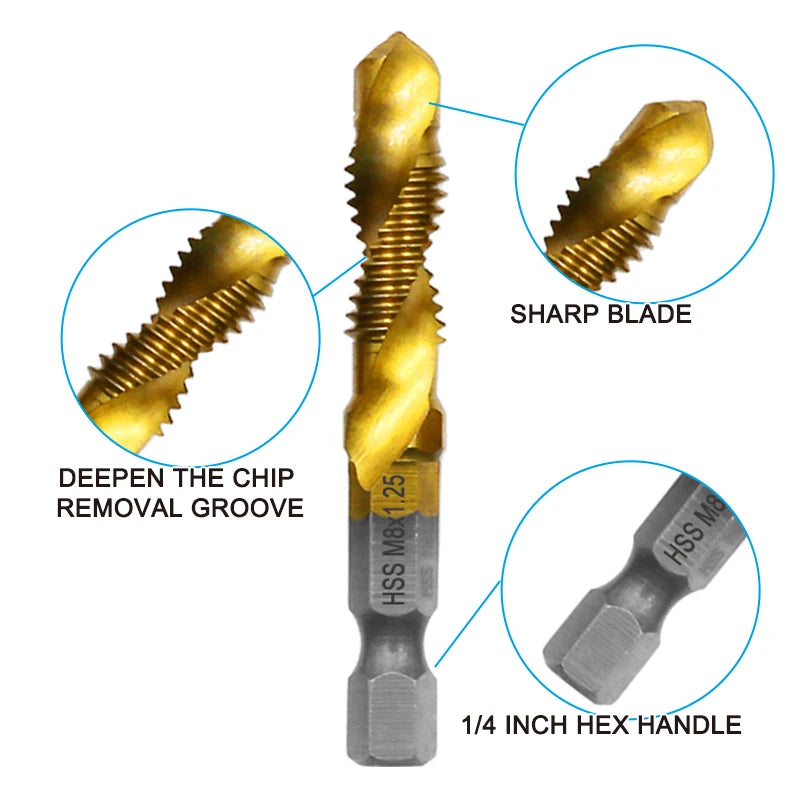6pc High-speed Steel 4341 Titanium Plated Composite Tap Drill