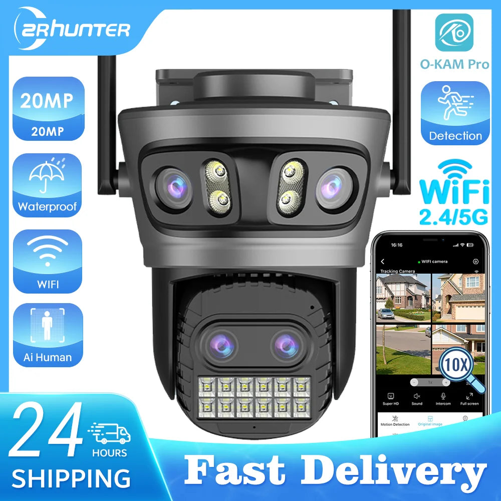 20MP Outdoors Wifi Camera 10K HD Three Lens Security 5G PTZ IP Camera