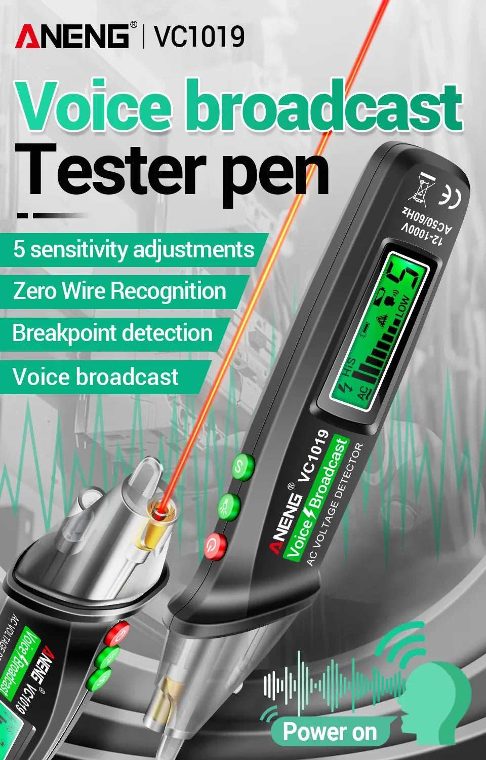 ANENG VC1019 Non-Contact Voltage Tester Pen Voice Broadcast Red Laser