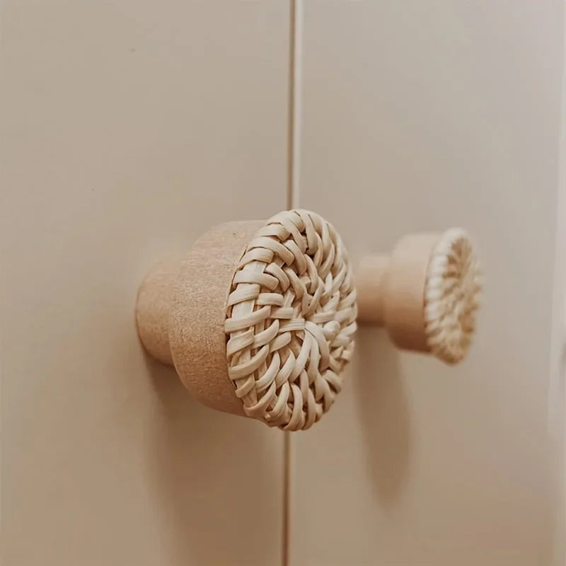 Solid Wood Door Handle Circular Small Rattan Weaving Creative Single