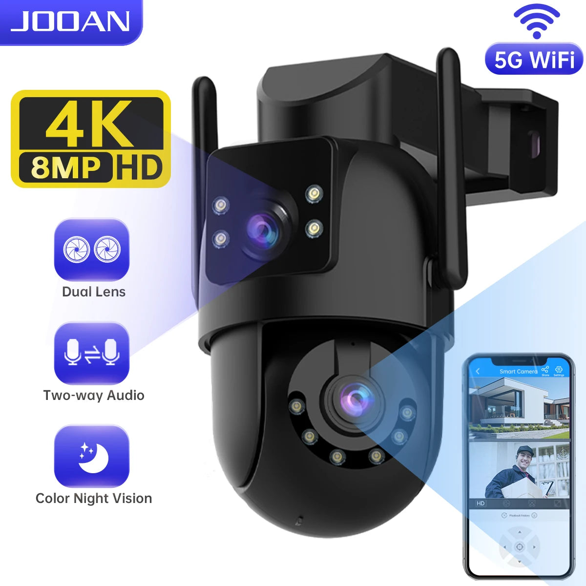 JOOAN 4K 8MP Wifi PTZ Camera Outdoor 5X Zoom Dual Screen Auto