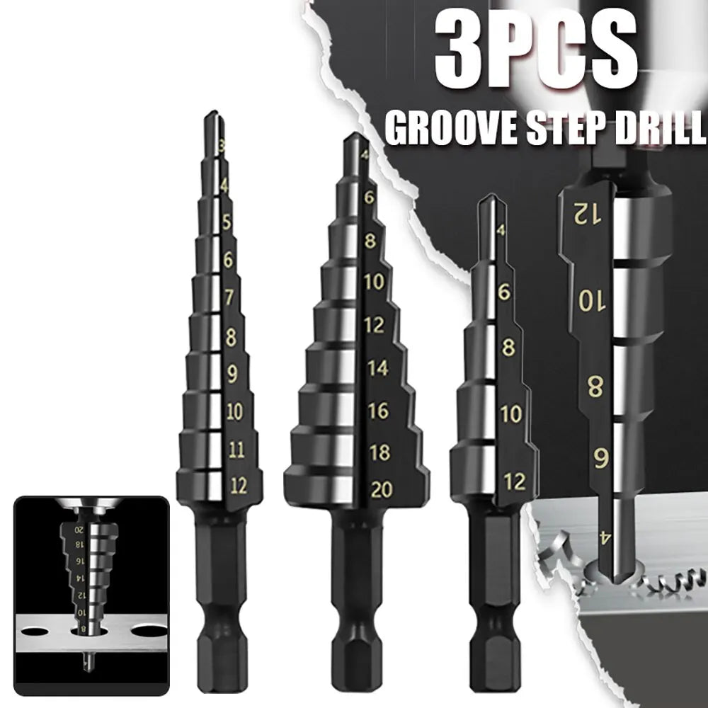 3Pcs HSS Straight Groove Step Drill Bit 3-12mm 4-12mm 4-20mm Nitride