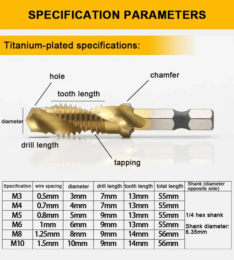 1/6Pcs Tap Drill Bit Set Hex Shank Titanium Plated HSS Screw Thread