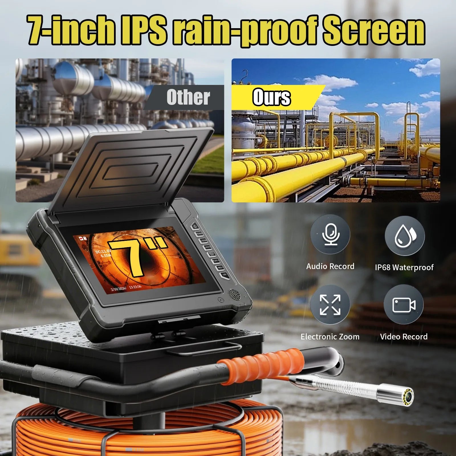7"Sewer Camera, 512Hz Self-Leveling Sewer Inspection Camera with 20X