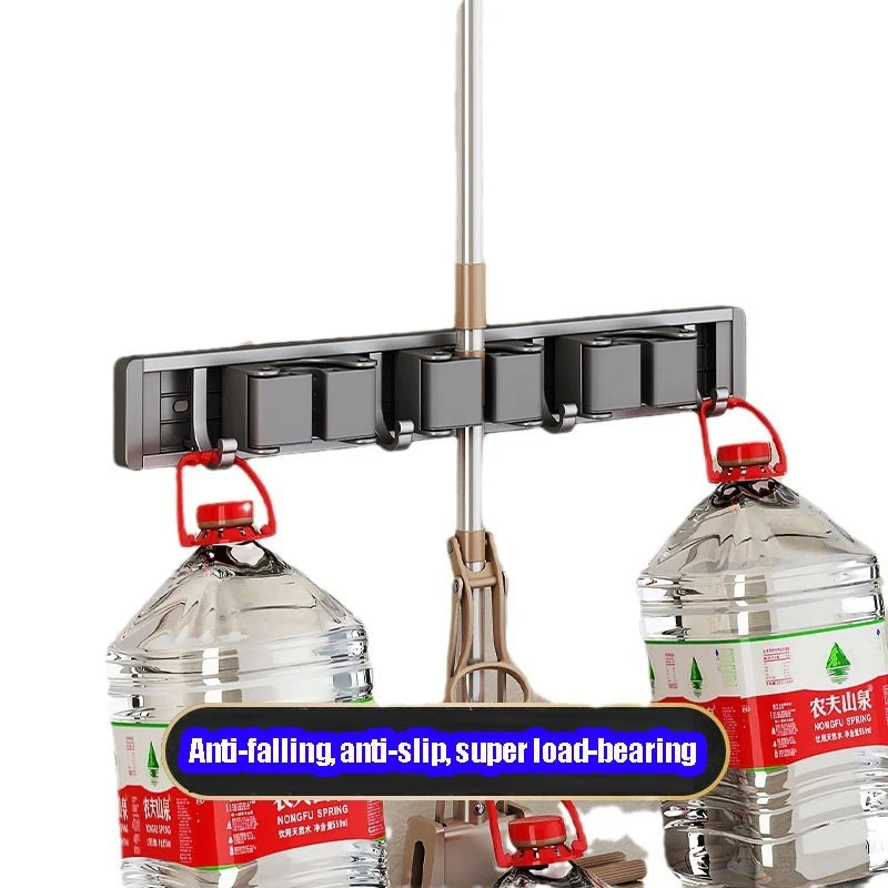 Wall Mounted Mop And Broom Organizer Rack with 5 Hooks Strong Mop
