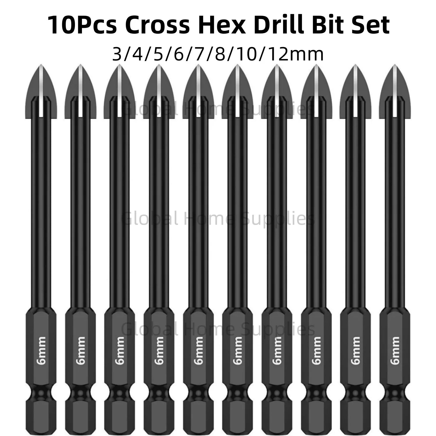 10-Piece Cross Hex Drill Bit Set — 3mm to 12mm for Tile - View 1