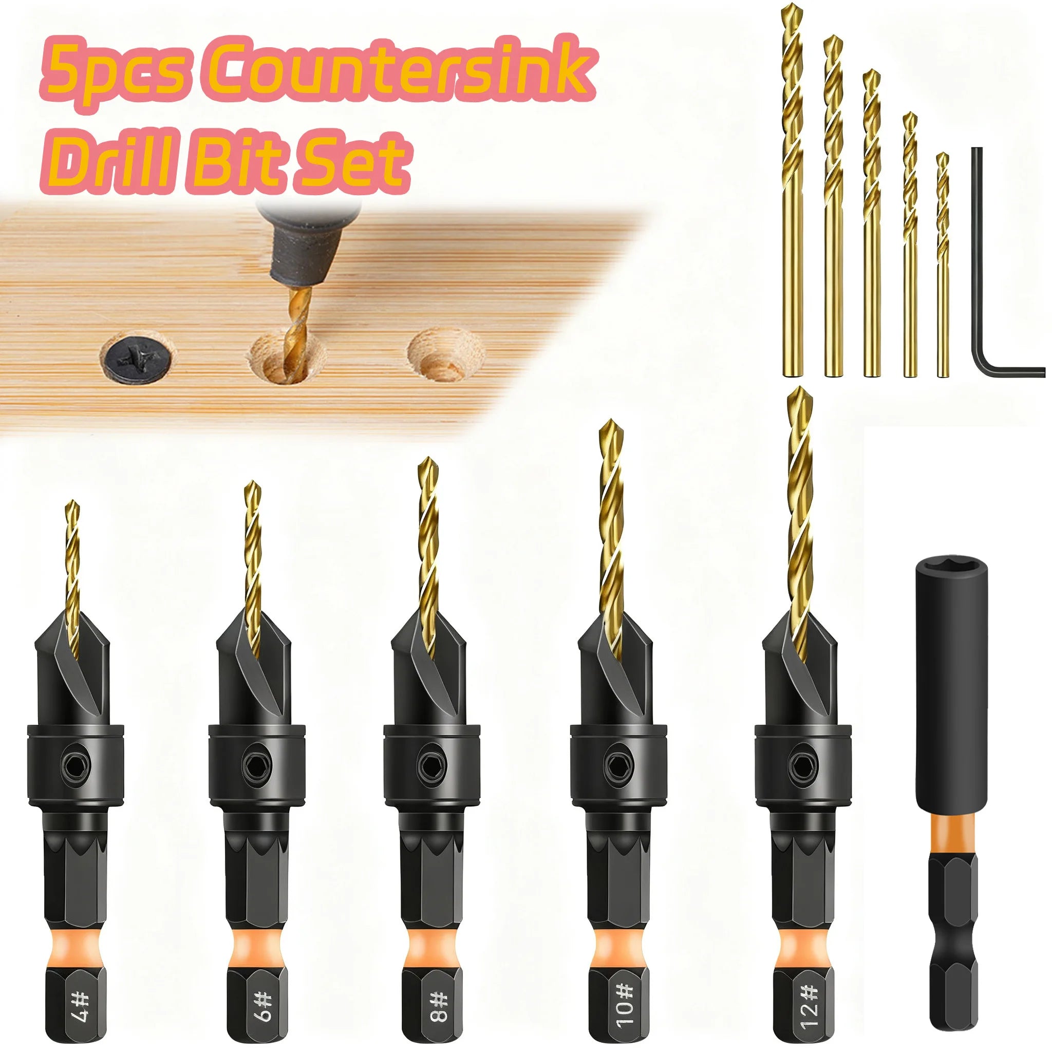 12PCS Countersink Drill Bit Set - #4-#12 Adjustable Wood Boring Bits