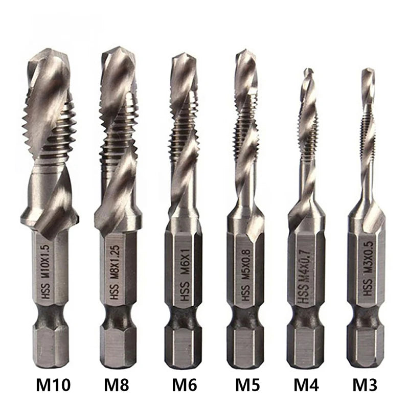 1/6Pcs Tap Drill Bit Set Hex Shank Titanium Plated HSS Screw Thread