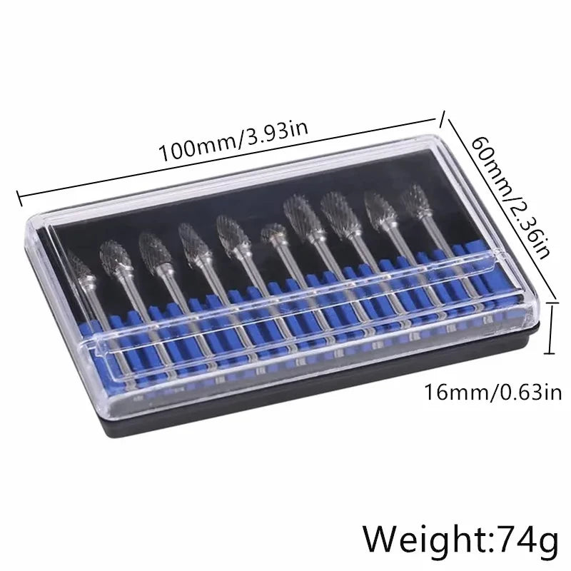 10pcs Tungsten Carbide Burr Set Compatible with 3mm Shank Diameter