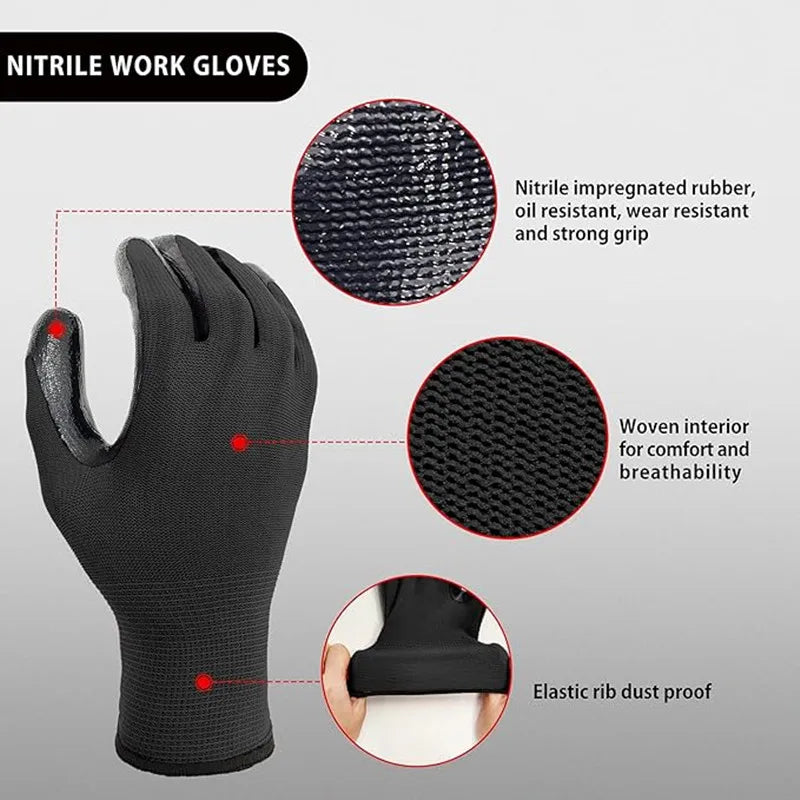 10 Pairs Black Durable Safety Gloves - Anti-Slip, Wear-Resistant