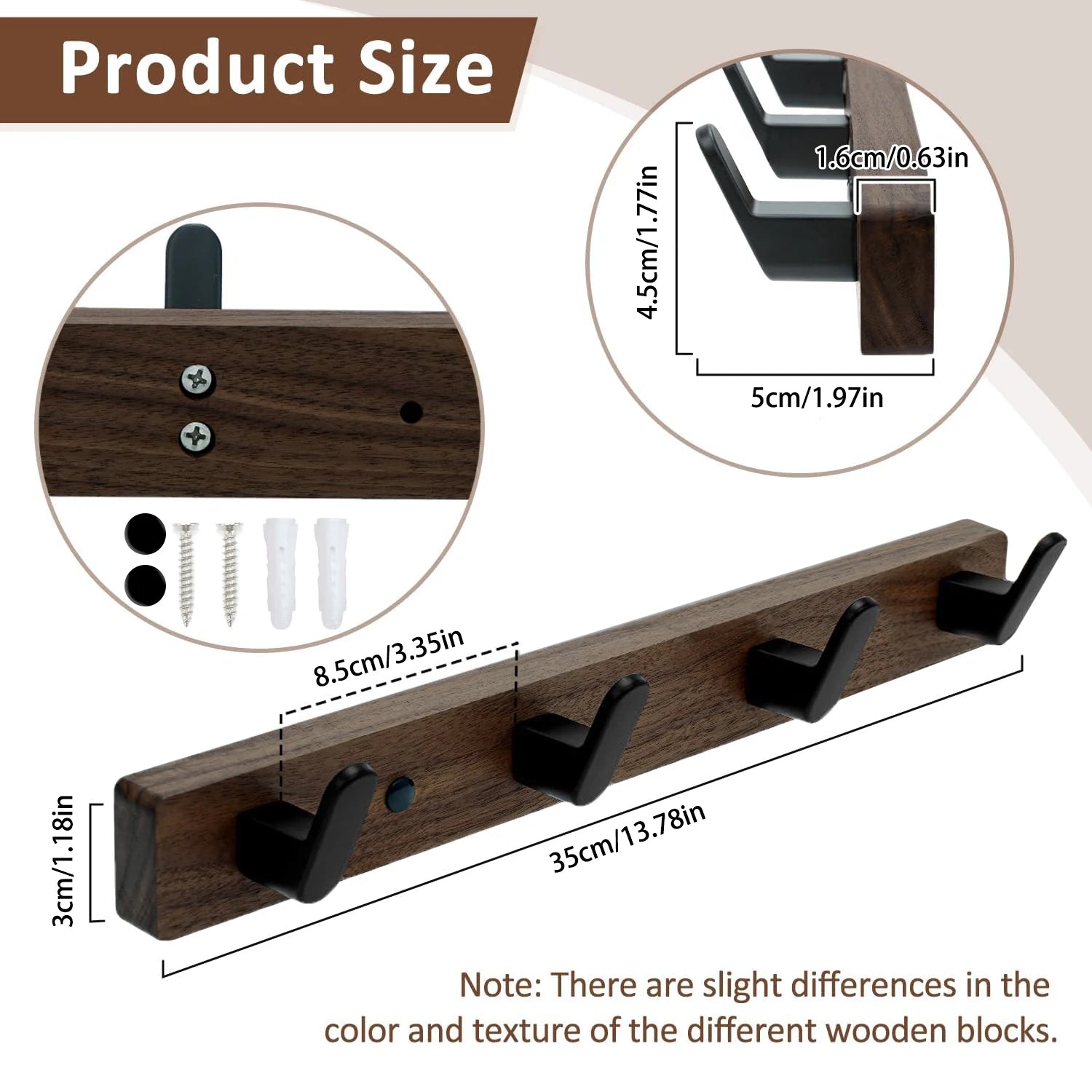 Wood Wall Mounted Coat Rack With 4/5/6 Hooks Drilling Rail Hooks