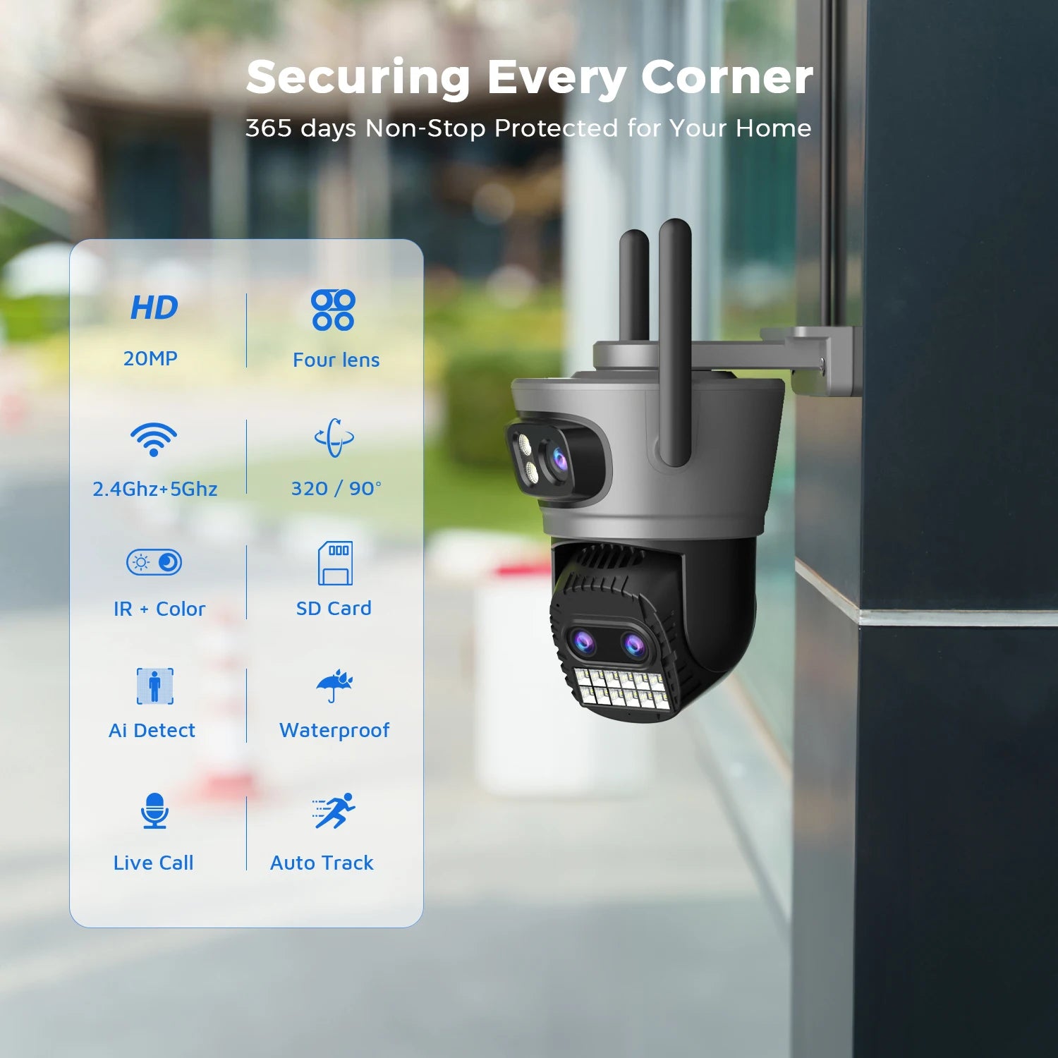 20MP Outdoors Wifi Camera 10K HD Three Lens Security 5G PTZ IP Camera