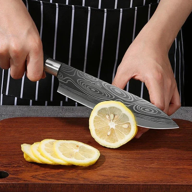 Laser Damascus Pattern Utility Kitchen Knives Scissors Sharpening Rod