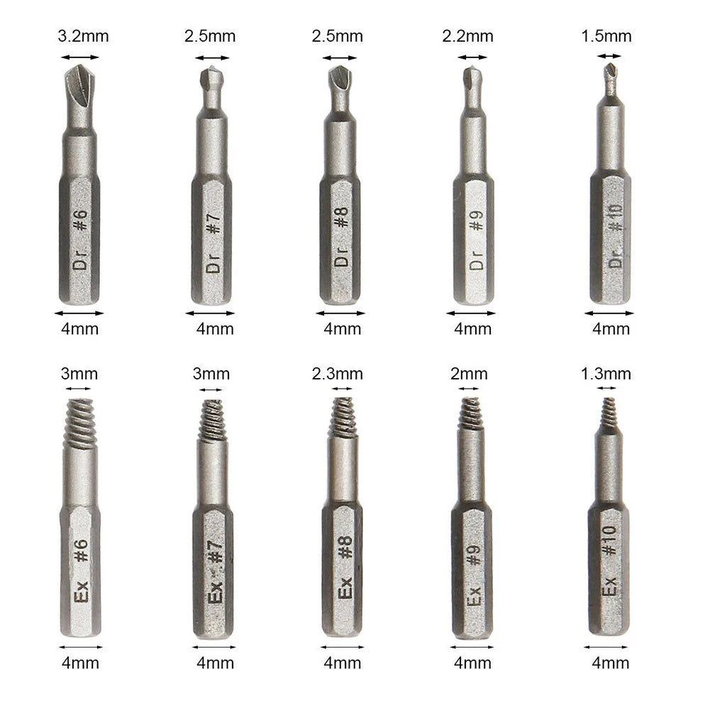 Damaged Screw Extractor Drill Bit Set 10-Piece — 4mm & 6.35mm for H