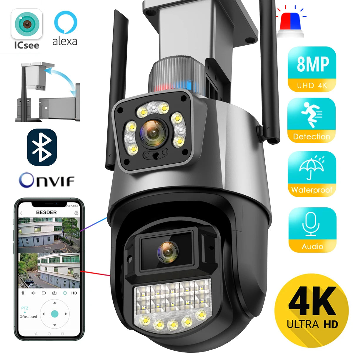 BESDER Wifi PTZ Camera 8MP Dual Screen IP Cam Outdoor Surveillance