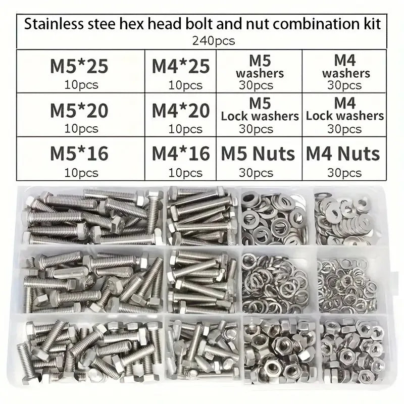 240pcs Stainless Steel Hex Bolt & Nut Set - Durable