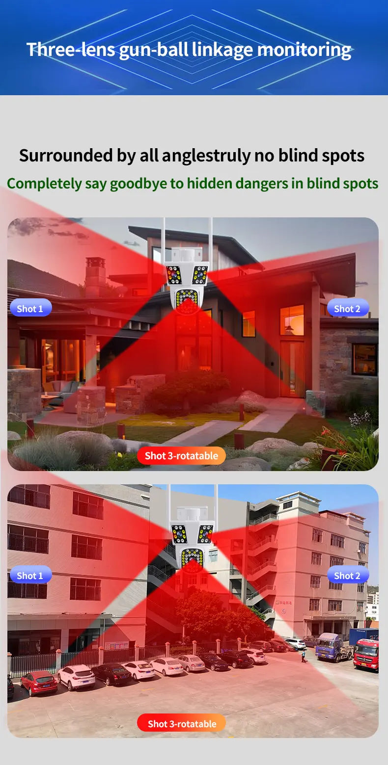 6K 12MP WiFi Outdoor Camera 8X Zoom Three Len Ai Motion Tracking PTZ