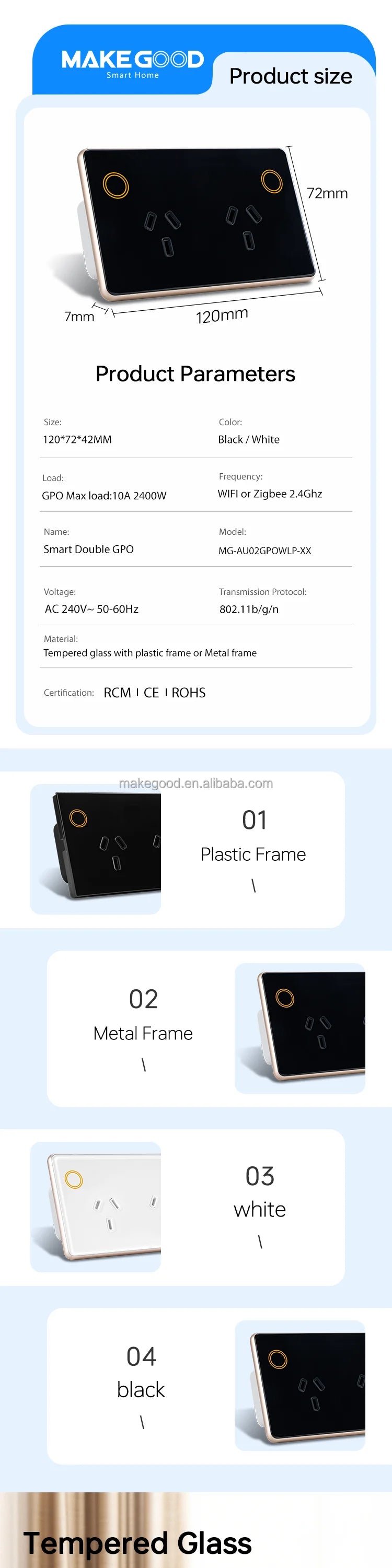 WIFI MakeGood AU Standard Wifi 2.4G 2400W Tempered Glass Panel Tuya