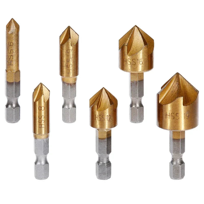 6pcs 1/4'' Countersink Drill Bit Set Hex Shank HSS 5 Flute