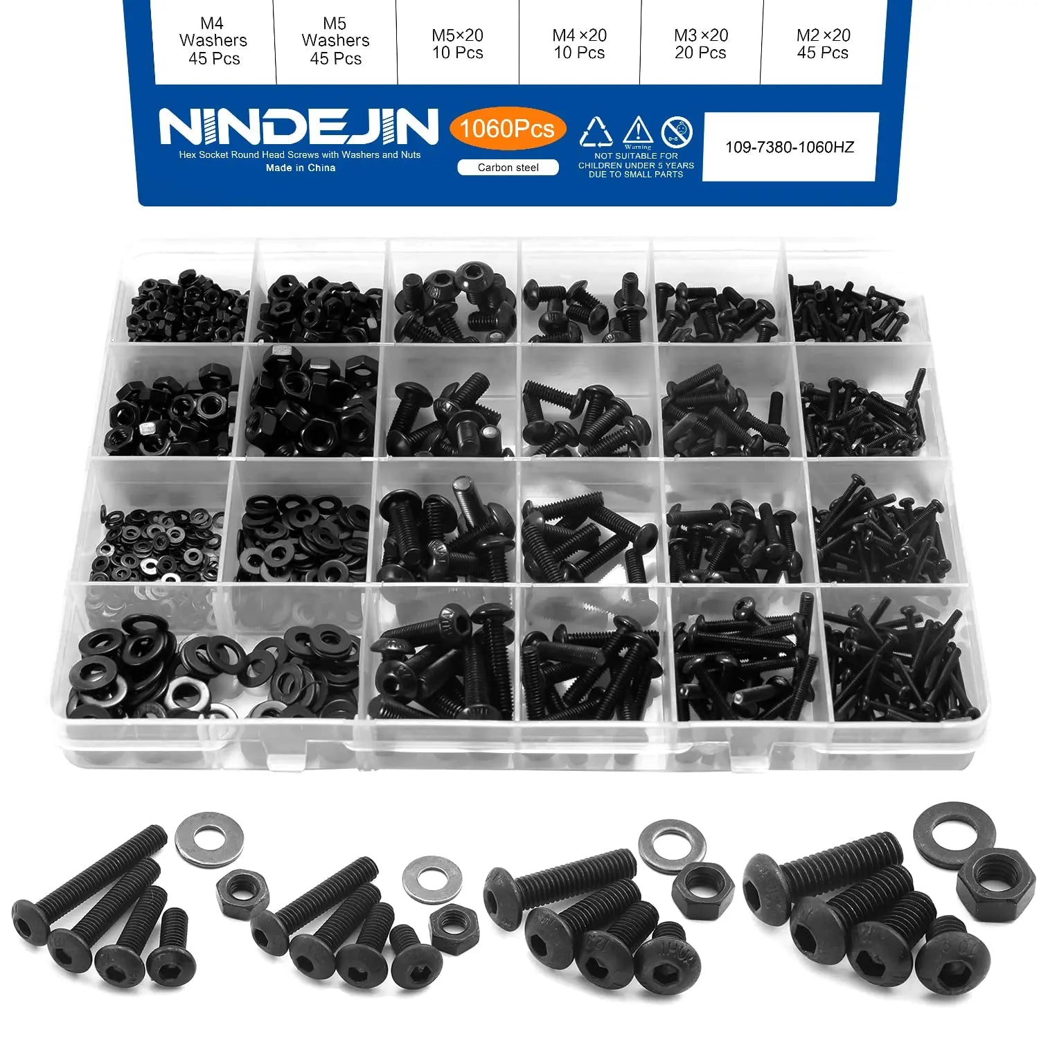 1060pcs M2 M3 M4 M5 Hex Socket Screw Set Carbon Steel Flat Round Cap