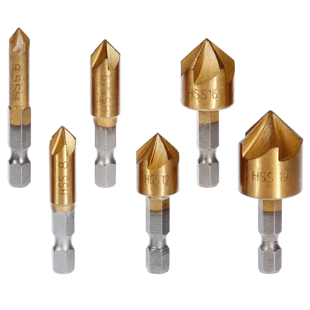 6pcs 1/4'' Countersink Drill Bit Set Hex Shank HSS 5 Flute